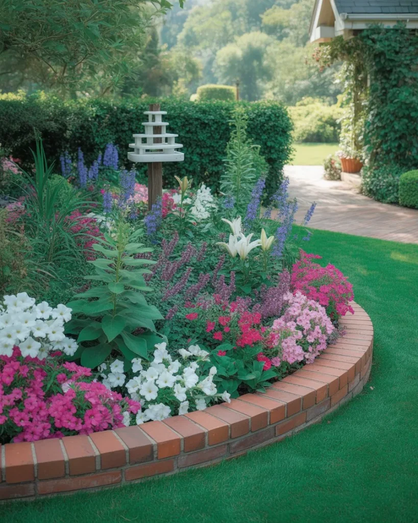 10) Colorful Curved Flower Garden With Brick Edging