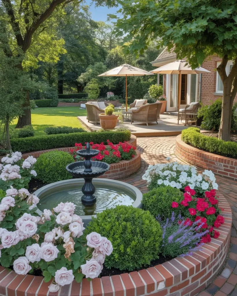 15) Charming Tree-Base Brick Garden with Potted Plants