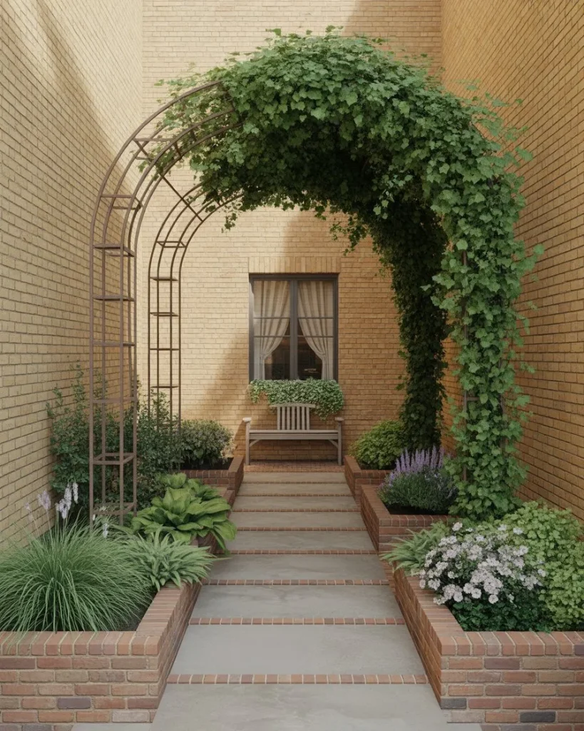 6) Raised Brick Edging: Small Garden Path With Brick Edging and Archway